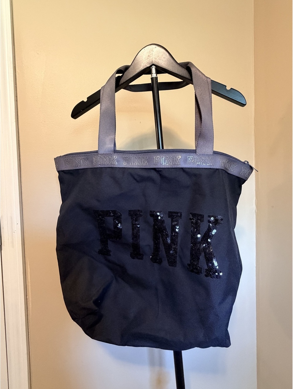 Victoria's Secret PINK Sequin Logo Canvas Tote Bag Black NEW